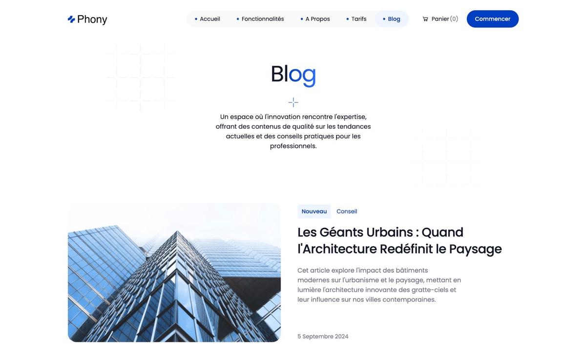 Conçu pour les blogs d'architecture, Cette template du CMS Français TOKO offre une mise en page élégante et minimaliste, idéale pour présenter projets, tendances et analyses. Optimisé pour le SEO, il met en valeur vos contenus visuels et textuels, tout en garantissant une navigation fluide et une visibilité accrue sur les moteurs de recherche.