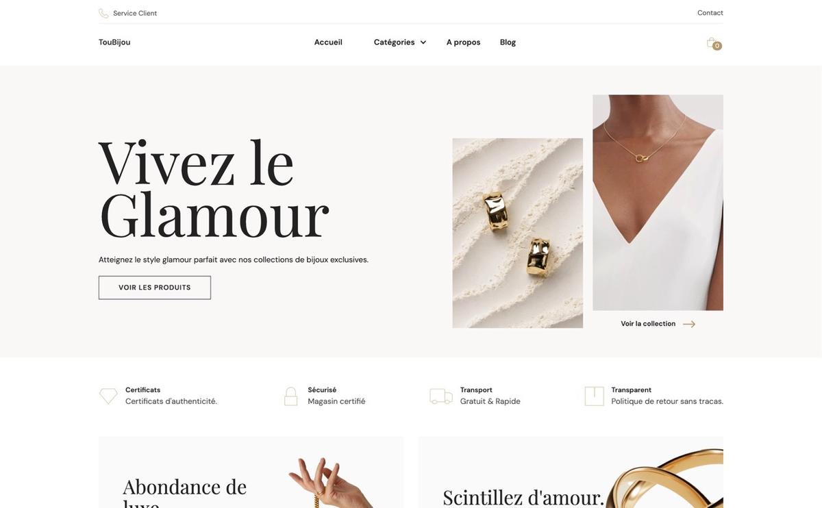 Cette template du CMS Français TOKO du CMS Français TOKO épuré et minimaliste met en valeur vos bijoux avec des images claires et un design élégant. Sa structure simple permet une navigation intuitive, tandis que son optimisation SEO garantit une excellente visibilité pour vos produits. Parfait pour une expérience d'achat fluide et raffinée.