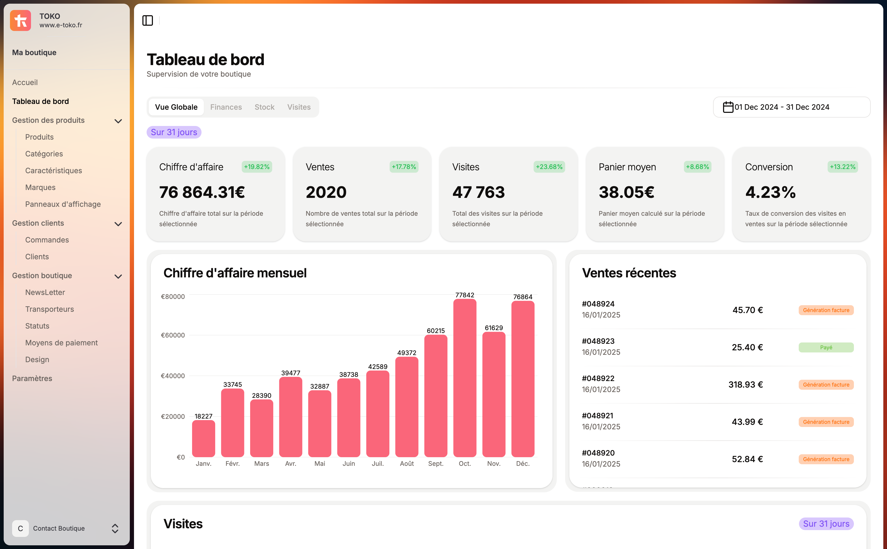 Navigateur web montrant l'application web e-commerce toko sur le dashboard